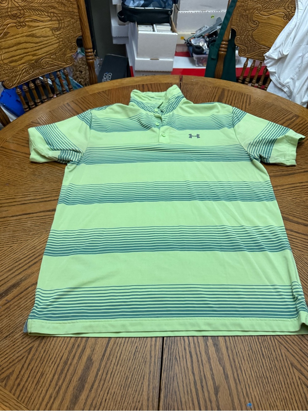 Under Armour Men’s Light Green Striped Polo with Teal Accents